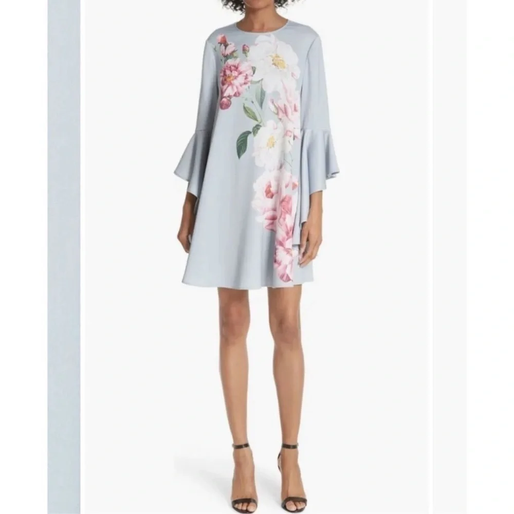 ✅ Ted Baker Dress Sayda Cascading Sleeve Shift Mini in Iguazu Silver